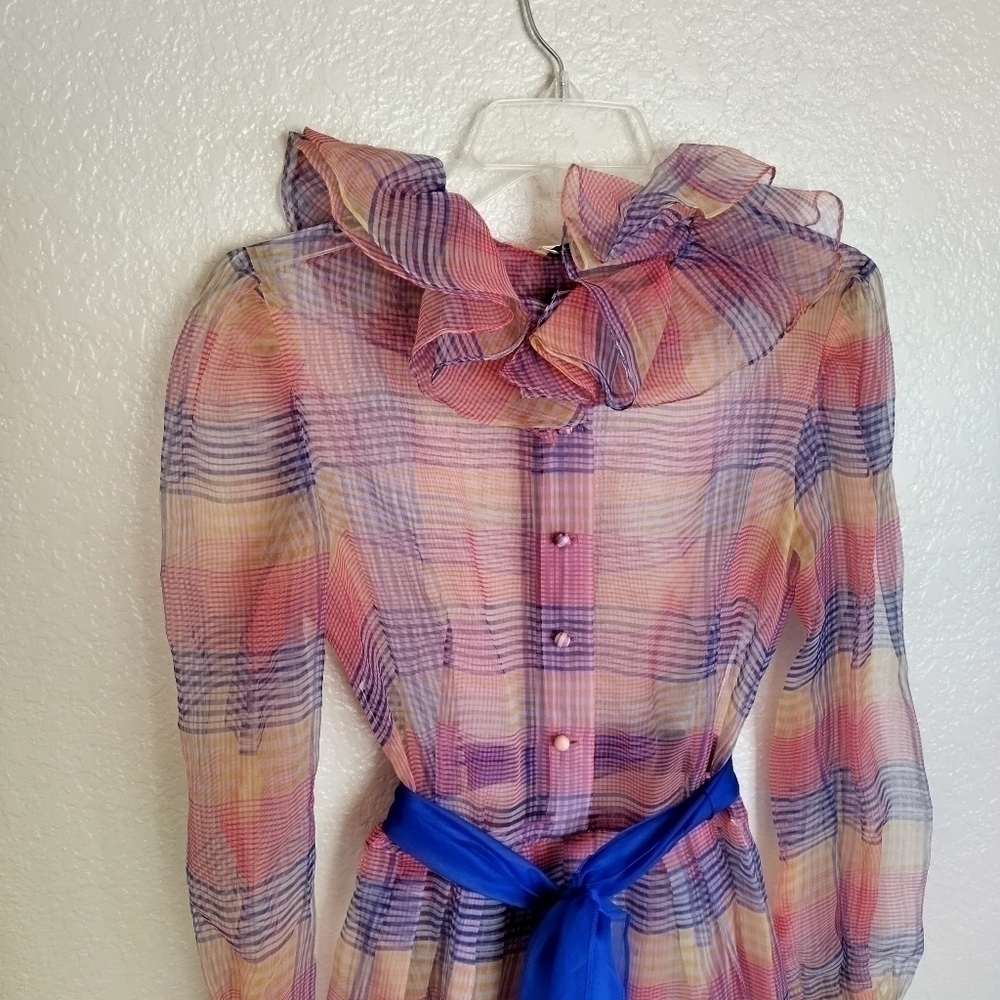 Vintage Lee Jordan New York sheer chiffon long sleeve belted maxi dress sz S - Picture 4 of 11